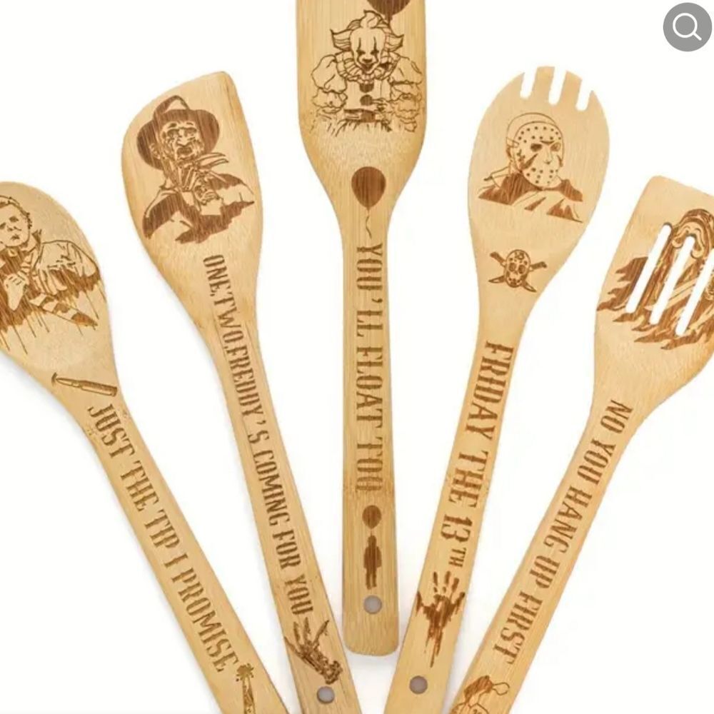 5pc Bamboo Halloween Horror Movie Serial Killer Kitchen Spoon Utensils